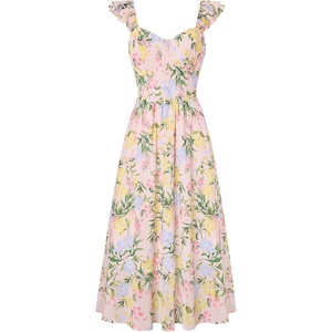 GRACE KARIN 2026 Women Summer Maxi Floral Corset Dress,Ruffle Sleeve Milkmaid Dresses, Wedding Guest Dresses with Pocket(Blue Yellow Pink Flower)