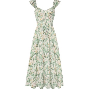GRACE KARIN 2026 Women Summer Maxi Floral Corset Dress,Ruffle Sleeve Milkmaid Dresses, Wedding Guest Dresses with Pocket(Green With White Yellow Flowers)