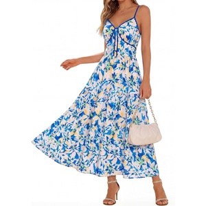 GRACE KARIN 2026 Women’s Spaghetti Strap Resort Wear, Summer Beach Maxi Sundress, Floral Vacation Dresses with Pockets(Blue Yellow Floral)