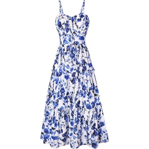 GRACE KARIN 2026 Women’s Spaghetti Vacation Sundress Summer Beach Flowy Boho Floral Maxi Dresses with Pockets(White Blue Floral)