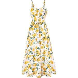 GRACE KARIN 2026 Women’s Spaghetti Vacation Sundress Summer Beach Flowy Boho Floral Maxi Dresses with Pockets(White Yellow Floral)