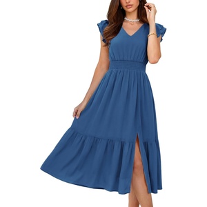 GRACE KARIN 2026 Womens Summer Dresses V Neck Ruffle Sleeve Floral Boho Beach Dress A-Line Swing Midi Wedding Guest Sundress(Dark Blue-solid)