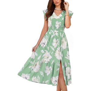 GRACE KARIN 2026 Womens Summer Dresses V Neck Ruffle Sleeve Floral Boho Beach Dress A-Line Swing Midi Wedding Guest Sundress(Green White-floral Print)