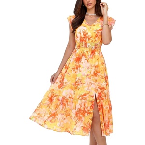 GRACE KARIN 2026 Womens Summer Dresses V Neck Ruffle Sleeve Floral Boho Beach Dress A-Line Swing Midi Wedding Guest Sundress(Yellow Red-floral Print)