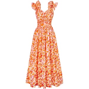 GRACE KARIN 2026 Women’s Summer Floral Print Dress Sleeveless Casual Flowy Sundress A Line Ruffle Wedding Guest Outfit(Orange)
