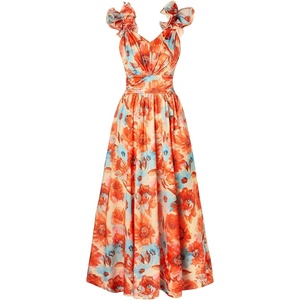 GRACE KARIN 2026 Women’s Summer Floral Print Dress Sleeveless Casual Flowy Sundress A Line Ruffle Wedding Guest Outfit(Orange Floral)