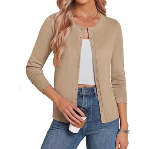 GRACE KARIN Cardigan Sweaters for Women 2026 Button Down Long Sleeve Cardigans Scalloped Open Front Lightweight Sweater(Khaki)