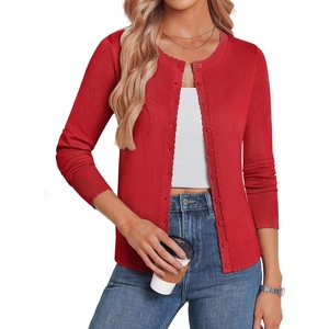 GRACE KARIN Cardigan Sweaters for Women 2026 Button Down Long Sleeve Cardigans Scalloped Open Front Lightweight Sweater(Red)