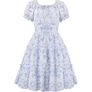 GRACE KARIN Girls Summer Floral Dresses Puff Sleeve Princess Dress 6-14Y | Square Neck Party Dress Graduation Birthday Wedding Beach, Smocked Back Tiered Skirt Woven Lined for Tween Teen Girl(Blue White Floral)