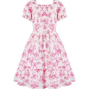GRACE KARIN Girls Summer Floral Dresses Puff Sleeve Princess Dress 6-14Y | Square Neck Party Dress Graduation Birthday Wedding Beach, Smocked Back Tiered Skirt Woven Lined for Tween Teen Girl(Hot Pink Floral)