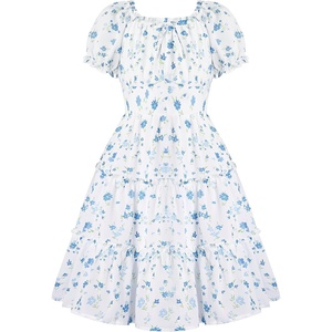 GRACE KARIN Girls Summer Floral Dresses Puff Sleeve Princess Dress 6-14Y | Square Neck Party Dress Graduation Birthday Wedding Beach, Smocked Back Tiered Skirt Woven Lined for Tween Teen Girl(Blue Floral)