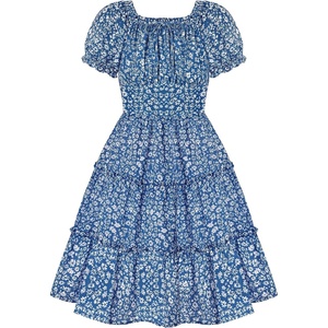GRACE KARIN Girls Summer Floral Dresses Puff Sleeve Princess Dress 6-14Y | Square Neck Party Dress Graduation Birthday Wedding Beach, Smocked Back Tiered Skirt Woven Lined for Tween Teen Girl(White Floral on Blue)