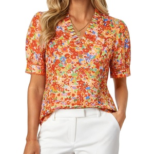 GRACE KARIN Women Boho Floral Tops, Summer Puff Short Sleeve Dressy Casual Shirts, 2026 Spring V Neck Vacation Work Blouse(Orange)