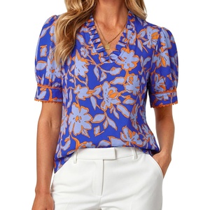 GRACE KARIN Women Boho Floral Tops, Summer Puff Short Sleeve Dressy Casual Shirts, 2026 Spring V Neck Vacation Work Blouse(Orange Blue)