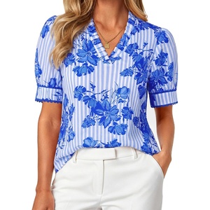 GRACE KARIN Women Boho Floral Tops, Summer Puff Short Sleeve Dressy Casual Shirts, 2026 Spring V Neck Vacation Work Blouse(Striped Blue)