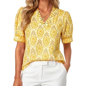 GRACE KARIN Women Boho Floral Tops, Summer Puff Short Sleeve Dressy Casual Shirts, 2026 Spring V Neck Vacation Work Blouse(Yellow)