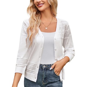 GRACE KARIN Women’s 2026 Cropped Cardigan 3/4 Sleeve Lightweight Crochet Shrug Hollowed-Out Knit Sweater Tops(Ivory White)