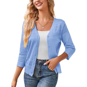 GRACE KARIN Women’s 2026 Cropped Cardigan 3/4 Sleeve Lightweight Crochet Shrug Hollowed-Out Knit Sweater Tops(Light Sky Blue)