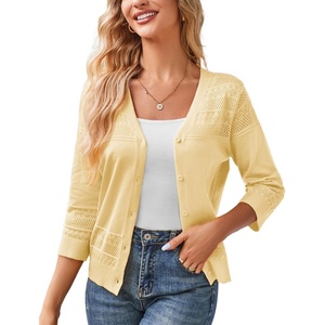 GRACE KARIN Women’s 2026 Cropped Cardigan 3/4 Sleeve Lightweight Crochet Shrug Hollowed-Out Knit Sweater Tops(Light Yellow)
