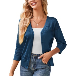 GRACE KARIN Women’s 2026 Cropped Cardigan 3/4 Sleeve Lightweight Crochet Shrug Hollowed-Out Knit Sweater Tops(Navy Blue)