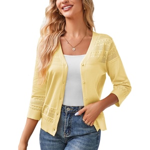 GRACE KARIN Women’s 2026 Cropped Cardigan 3/4 Sleeve Lightweight Crochet Shrug Hollowed-Out Knit Sweater Tops(Yellow)