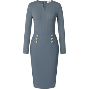 GRACE KARIN Women’s 2026 Fall Henly V Neck Business Work Dress Long Sleeve Bodycon Midi Elegant Office Sheath Dress(Grey Blue)