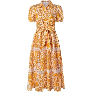 GRACE KARIN Women’s 2026 Summer Floral Flowy Dresses Boho Tie Belt Short Puff Sleeve A Line Maxi Shirt Dress with Pocket(White Orange)