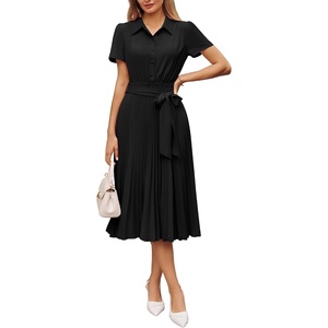 GRACE KARIN Women’s 2026 Summer Midi Work Dress Short Sleeve Button Shirt Dresses A Line Pleated Belt Business Casual Dresses(Black)