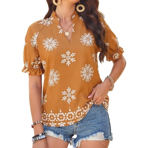 GRACE KARIN Womens Boho Tops Summer Spring Cotton Floral Blouses Short Sleeve Print Shirts V Neck Beach Vacation Clothes 2026(Brown Boho Floral)