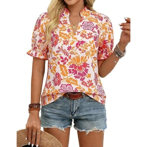 GRACE KARIN Womens Boho Tops Summer Spring Cotton Floral Blouses Short Sleeve Print Shirts V Neck Beach Vacation Clothes 2026(Orange Red Floral)
