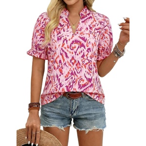 GRACE KARIN Womens Boho Tops Summer Spring Cotton Floral Blouses Short Sleeve Print Shirts V Neck Beach Vacation Clothes 2026(Pink Wave Floral)