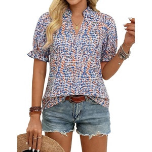 GRACE KARIN Womens Boho Tops Summer Spring Cotton Floral Blouses Short Sleeve Print Shirts V Neck Beach Vacation Clothes 2026(White Blue Orange Floral)