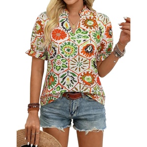 GRACE KARIN Womens Boho Tops Summer Spring Cotton Floral Blouses Short Sleeve Print Shirts V Neck Beach Vacation Clothes 2026(White Green Hexagonal Floral)