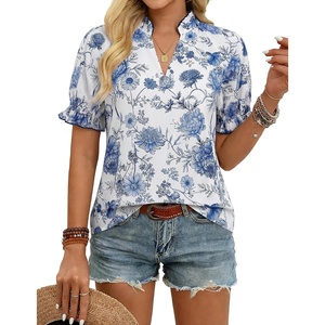 GRACE KARIN Womens Boho Tops Summer Spring Cotton Floral Blouses Short Sleeve Print Shirts V Neck Beach Vacation Clothes 2026(White Light Blue Floral)