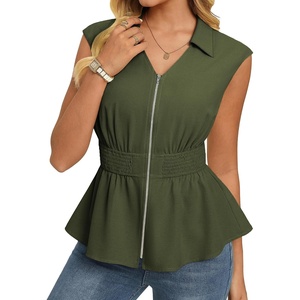GRACE KARIN Womens Peplum Tops Business Casual,Short Sleeve Work Blouses Summer,Zipper V Neck Shirts Cinched Smocked Waist(Army Green)