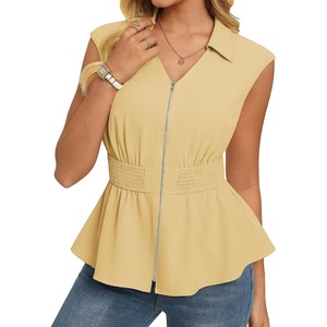 GRACE KARIN Womens Peplum Tops Business Casual,Short Sleeve Work Blouses Summer,Zipper V Neck Shirts Cinched Smocked Waist(Beige)