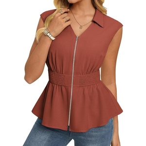 GRACE KARIN Womens Peplum Tops Business Casual,Short Sleeve Work Blouses Summer,Zipper V Neck Shirts Cinched Smocked Waist(Brick Red)