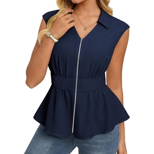 GRACE KARIN Womens Peplum Tops Business Casual,Short Sleeve Work Blouses Summer,Zipper V Neck Shirts Cinched Smocked Waist(Navy Blue)