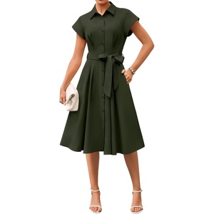 GRACE KARIN Womens Short Sleeve Shirt Dresses 2026 Summer Midi Button Down Dress Work Business Casual Dress with Pockets(Army Green)