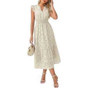 GRACE KARIN Womens Summer Boho Maxi Dress Casual 2026 Spring V Neck Eyelet Dresses Flowy Vacation Beach Sundress with Pockets(Apricot)