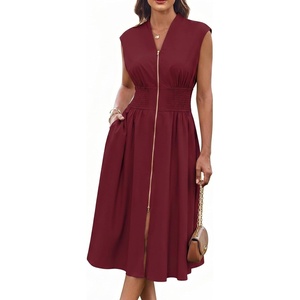 GRACE KARIN Womens Summer Casual Dress, Business Office Work Dresses, Cap Sleeve Zipper Front Flowy Midi Dress with Pockets(Burgundy)