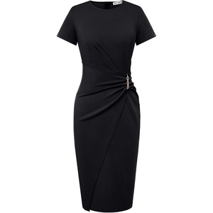 GRACE KARIN Work Dresses for Women 2026 Short Sleeve Sheath Business Midi Dress Wrap Bodycon Office Cocktail Outfits(Black)