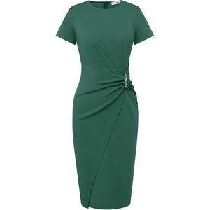 GRACE KARIN Work Dresses for Women 2026 Short Sleeve Sheath Business Midi Dress Wrap Bodycon Office Cocktail Outfits(Dark Green)