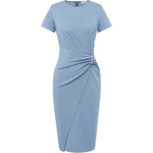 GRACE KARIN Work Dresses for Women 2026 Short Sleeve Sheath Business Midi Dress Wrap Bodycon Office Cocktail Outfits(Gray Blue)