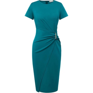 GRACE KARIN Work Dresses for Women 2026 Short Sleeve Sheath Business Midi Dress Wrap Bodycon Office Cocktail Outfits(Peacock Blue)