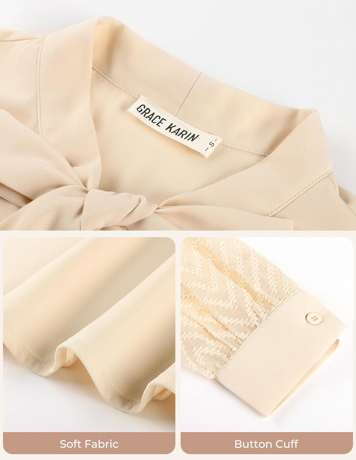 image:imageGARCE KARIN Women Bow Tie Neck Tops 2026 Fall Lace Long Sleeve Blouse Business Dressy Casual Shirt Work Office FormalApricot