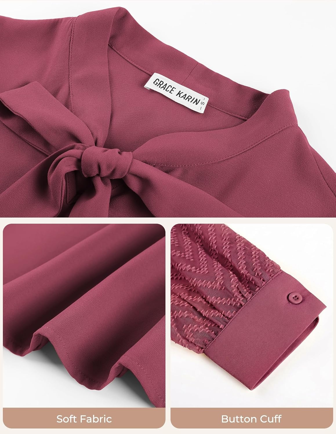 image:imageGARCE KARIN Women Bow Tie Neck Tops 2026 Fall Lace Long Sleeve Blouse Business Dressy Casual Shirt Work Office FormalRose Pink