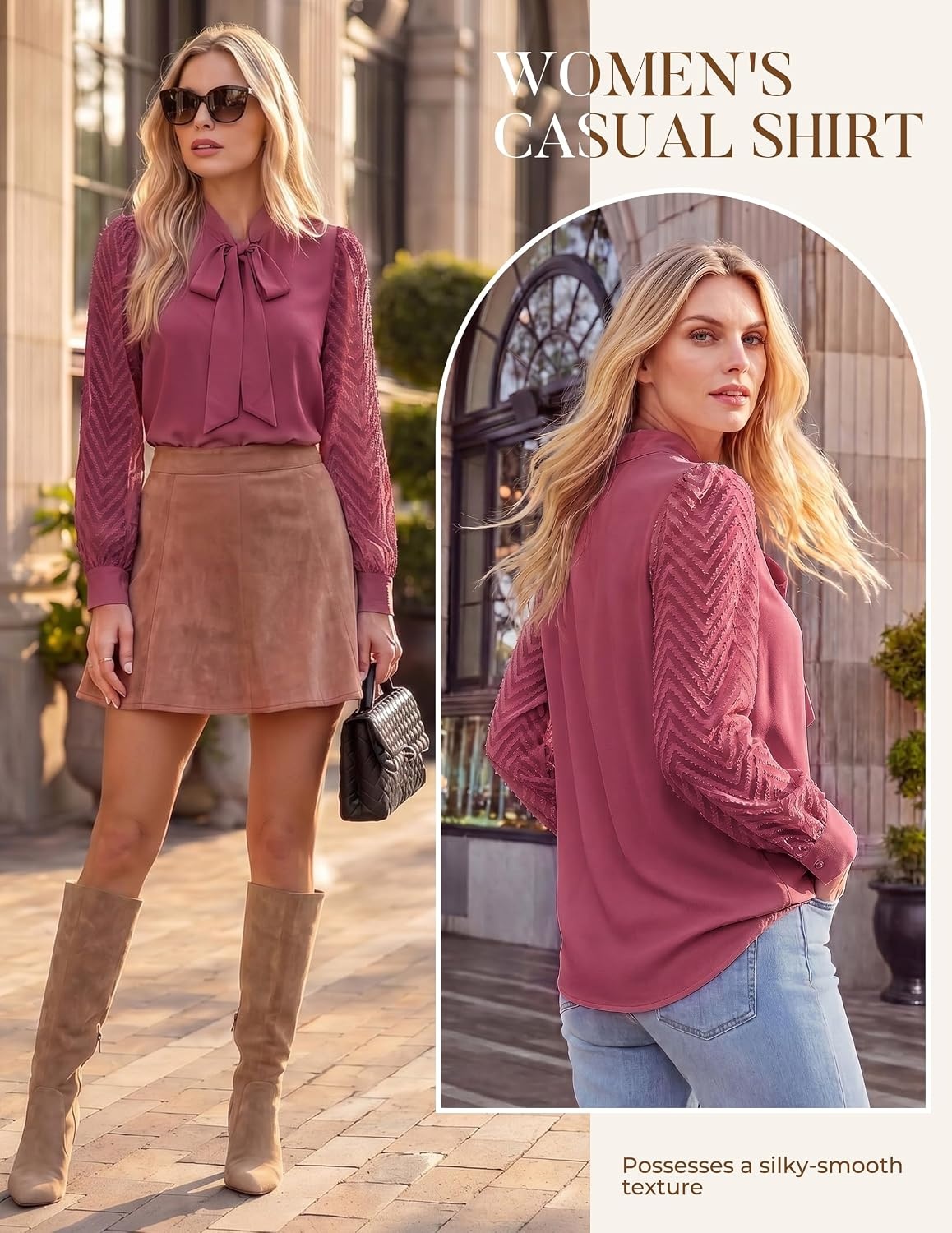 image:imageGARCE KARIN Women Bow Tie Neck Tops 2026 Fall Lace Long Sleeve Blouse Business Dressy Casual Shirt Work Office FormalRose Pink