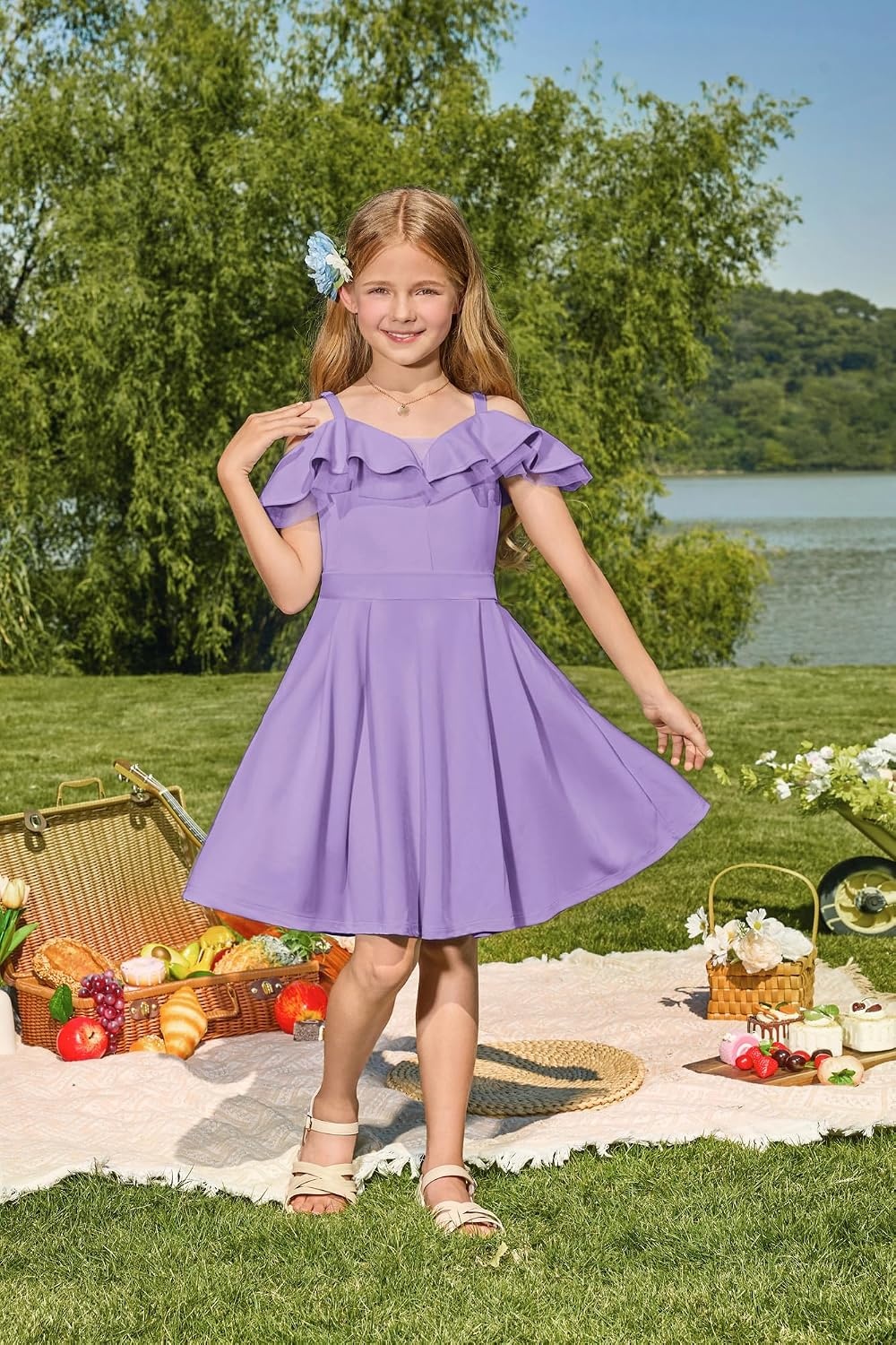image:imageGRACE KARIN Girls Elegant Party Dress Cold Shoulder Ruffled Neckline High Waist ALine Dress for Girls 714 YearsPurple