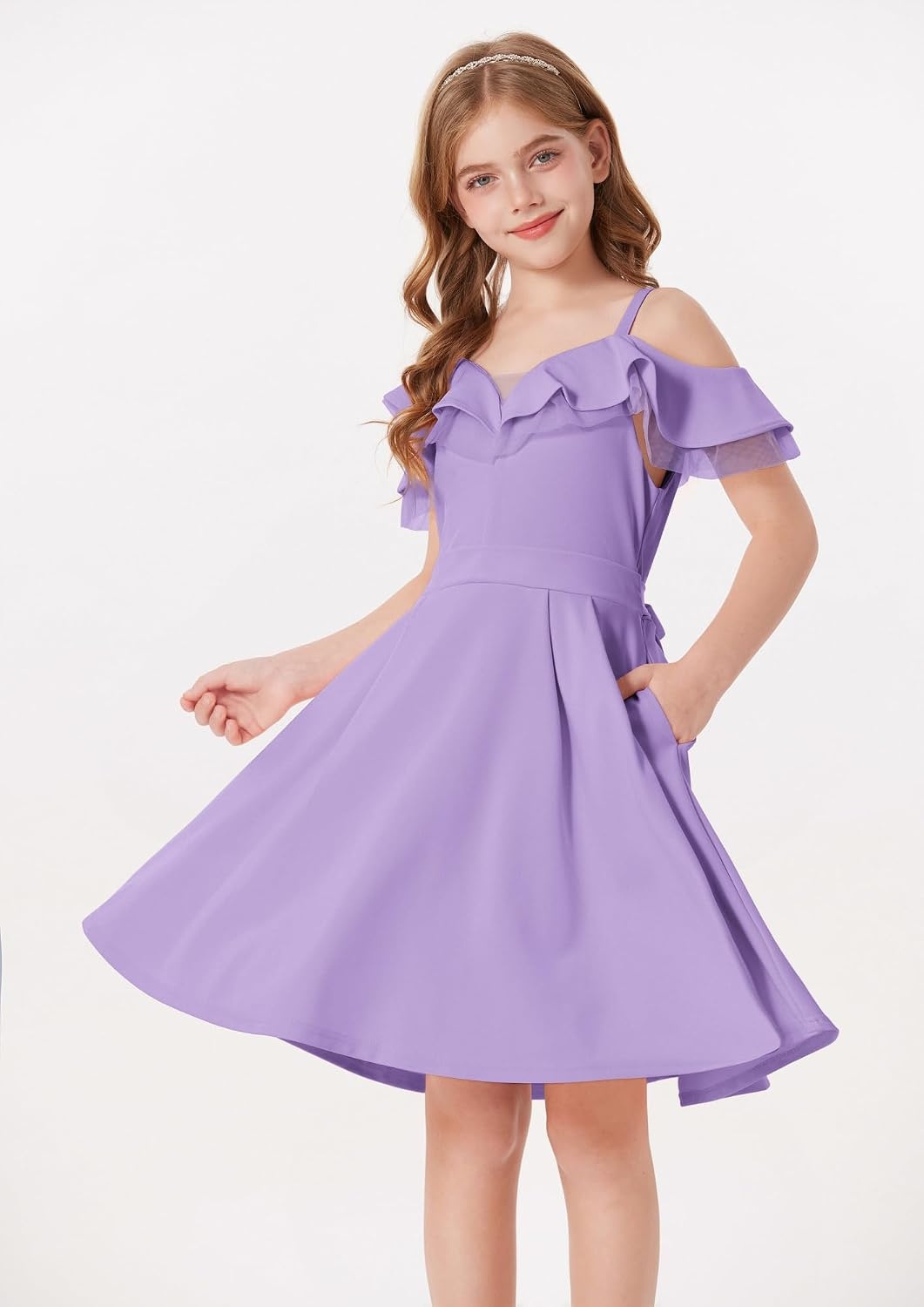 image:imageGRACE KARIN Girls Elegant Party Dress Cold Shoulder Ruffled Neckline High Waist ALine Dress for Girls 714 YearsPurple
